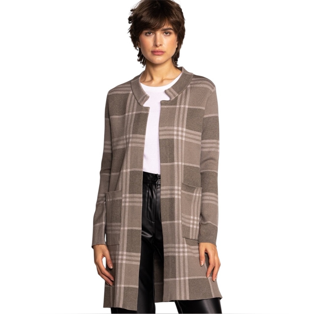 Pink Martini Harmon Olive Plaid Long Knit Open Sweater Jacket Large Art Teacher
